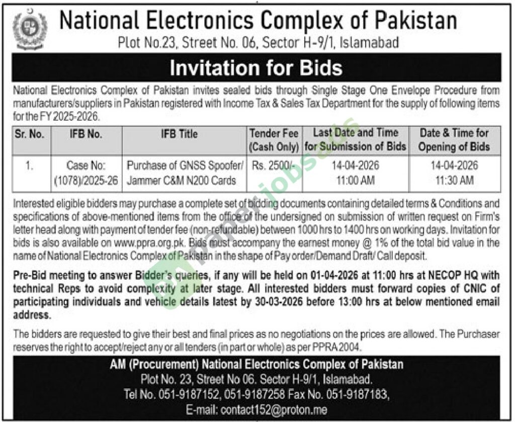 Purchase of GNSS Spoofer / Jammer - National Electronics Complex of Pakistan (NECOP)