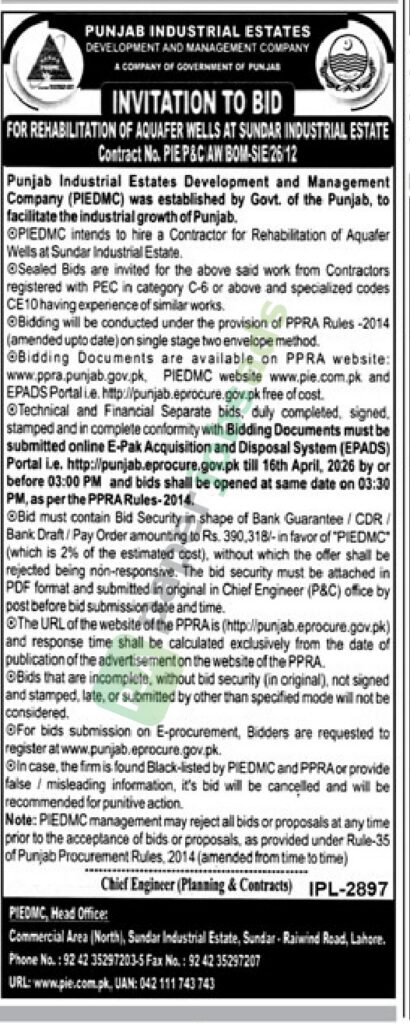 Rehabilitation Of Aquafer Wells - Punjab Industrial Estates Development and Management Company (PIEDMC)