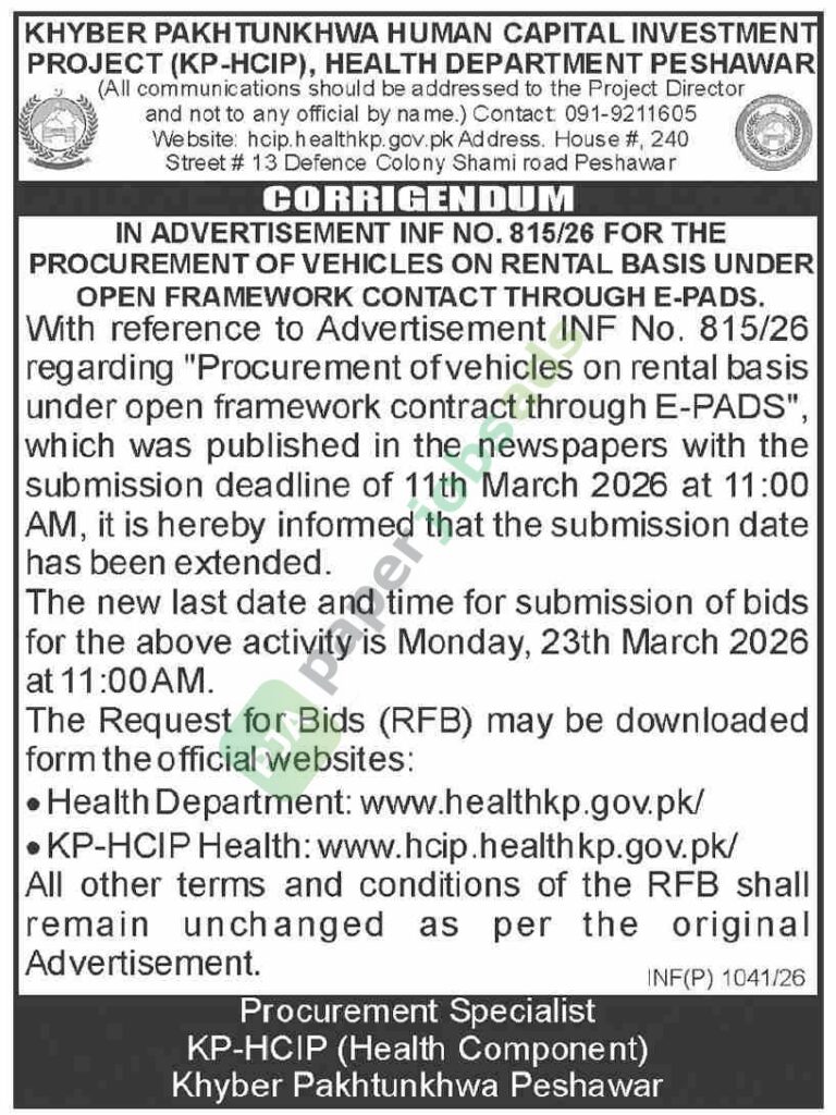 Corrigendum - Vehicles On Rental Basis - HEALTH DEPARTMENT