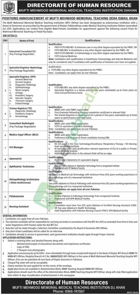 Intensivist / Consultant ICU / Specialist Registrar / Medico-legal Officer - Mufti Mehmood Memorial Medical Teaching Institute