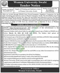 Supply of Printing and Stationery Items - Women University Swabi