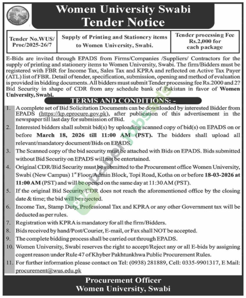 Supply of Printing and Stationery Items - Women University Swabi