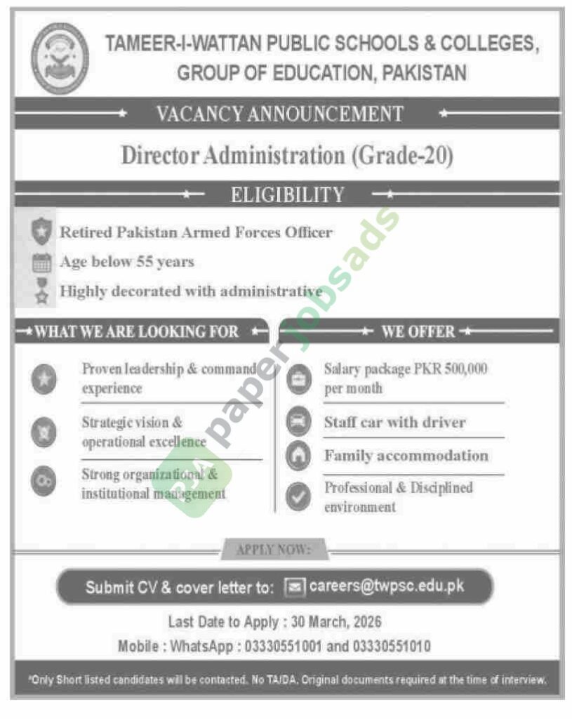 Director Administration (Grade-20) - TAMEER-I-WATTAN PUBLIC SCHOOLS & COLLEGES
