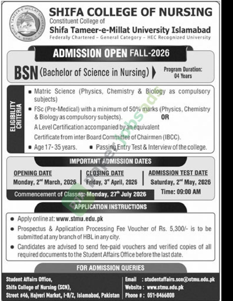 Fall-2026 - Bachelor of Science in Nursing - SHIFA COLLEGE OF NURSING