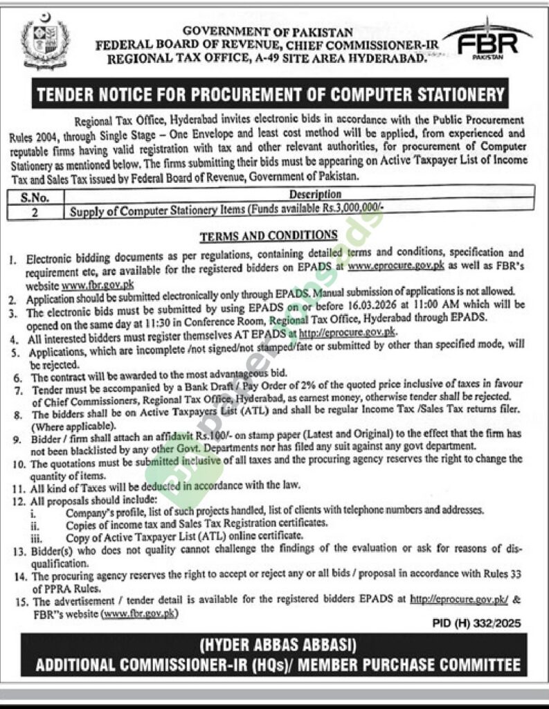 Computer Stationery - GOVERNMENT OF PAKISTAN - FBR