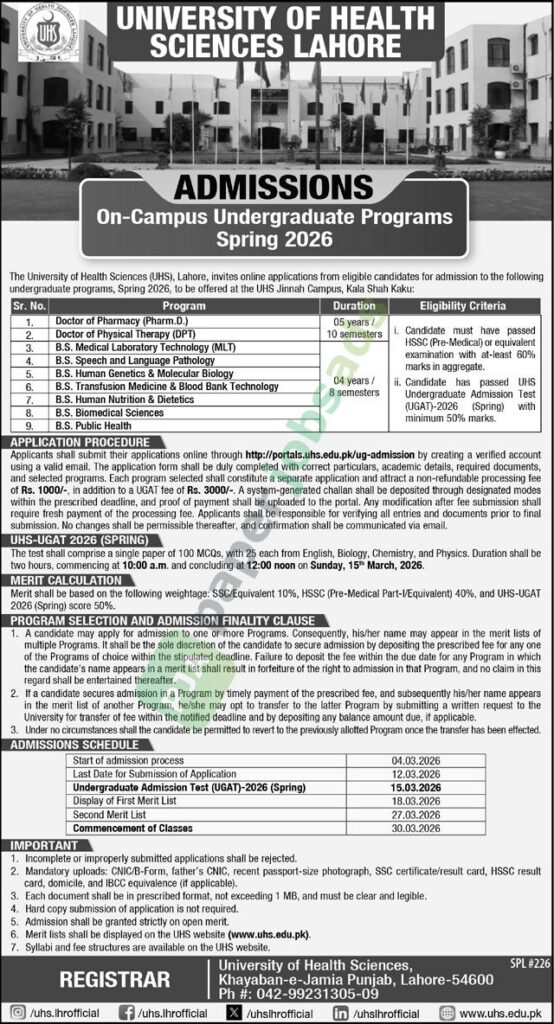 On-Campus Undergraduate Programs - Spring 2026 - University of Health Sciences (UHS)