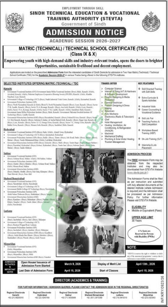 Session 2026-2027 - Matric (Technical) - Sindh Technical Education & Vocational Training Authority