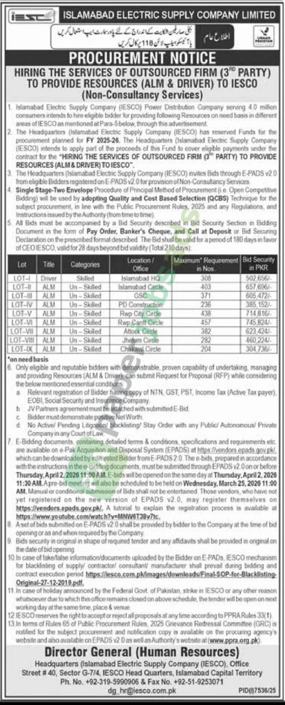 Provide Resrouces (ALM & DRIVER) - IESCO