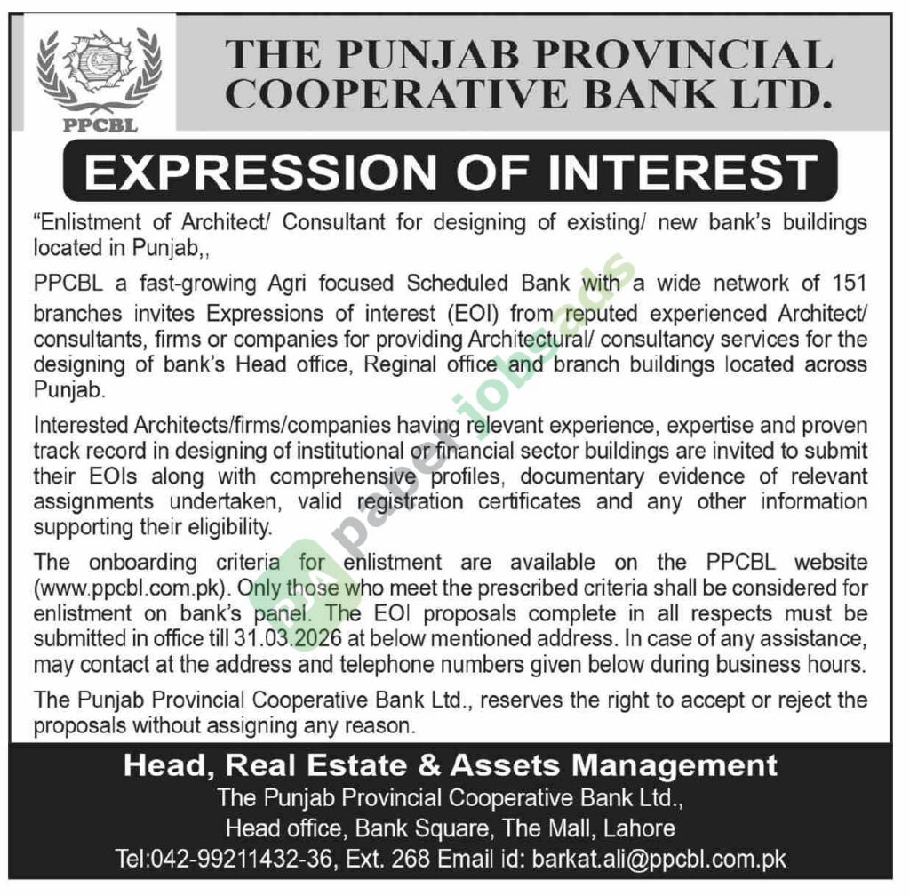 Designing Of Existing/ New Bank'S Buildings - The Punjab Provincial Cooperative Bank Ltd (PPCBL)