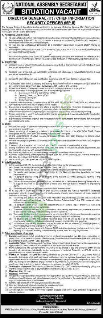 Director General (IT) / Chief Information Security Officer (MP-II) - NATIONAL ASSEMBLY SECRETARIAT