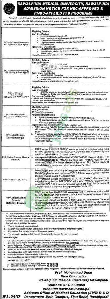 HEC-Approved & PMDC-Applied PhD Programs - Rawalpindi Medical University
