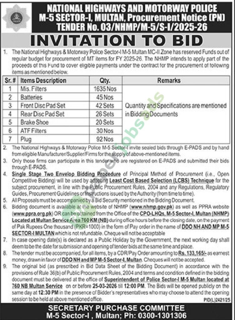Procurement of Mt Items For Fy 2025-26 - NATIONAL HIGHWAYS AND MOTORWAY POLICE