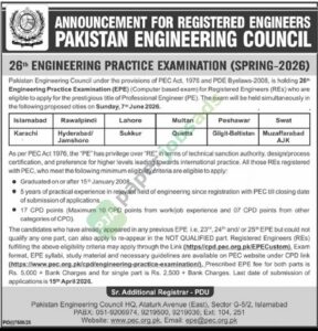 26th Engineering Practice Examination (Spring-2026) - PAKISTAN ENGINEERING COUNCIL