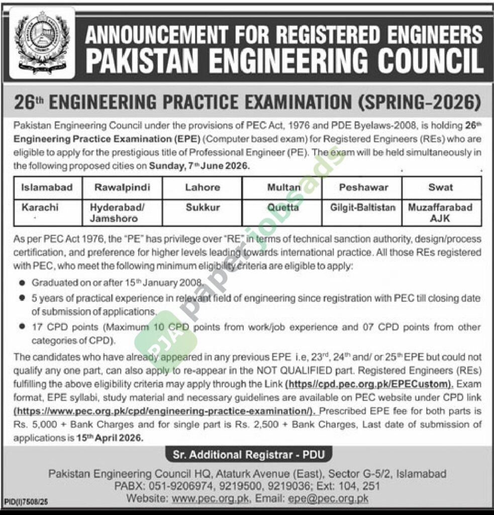 26th Engineering Practice Examination (Spring-2026) - PAKISTAN ENGINEERING COUNCIL