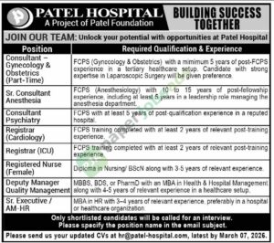 Consultant / Nurse / Deputy Manager - Patel Hospital