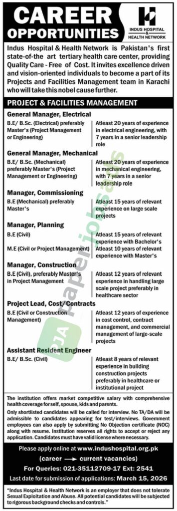 General Manager / Manager / Project Lead - INDUS HOSPITAL