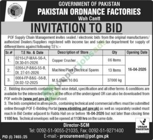 Supply of Copper Crusher / Machine / Plant Electrical Parts - Pakistan Ordnance Factories