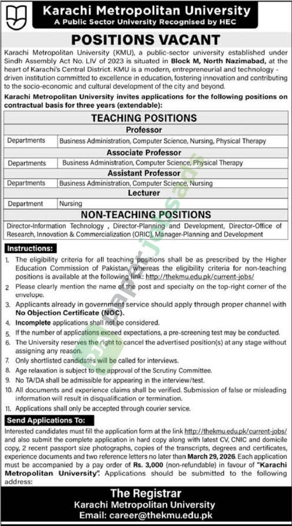 Professor / Associate Professor / Assistant Professor - Karachi Metropolitan University