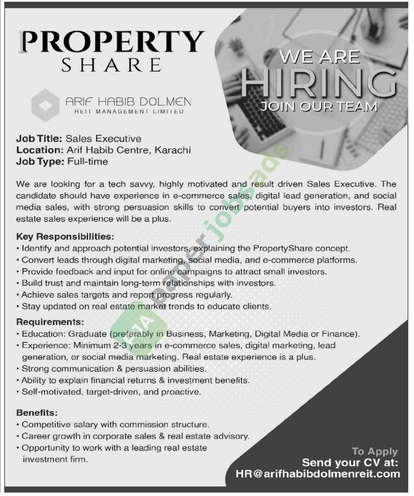 Sales Executive - Arif Habib Dolmen REIT Management Limited