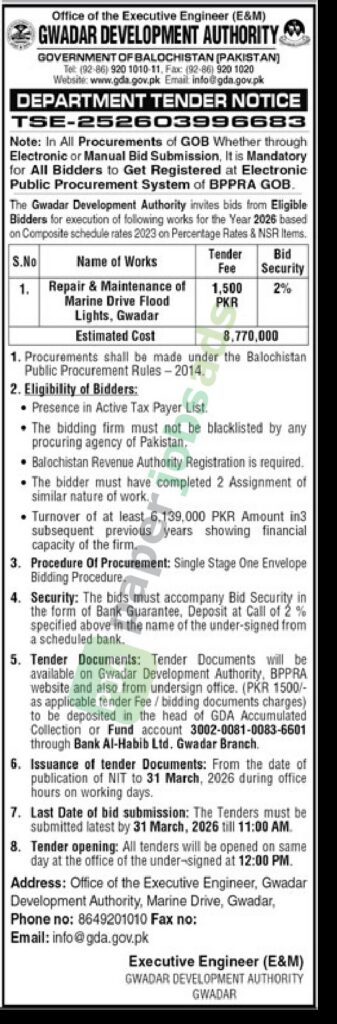 Repair & Maintenance of Marine Drive Flood Lights - GWADAR DEVELOPMENT AUTHORITY