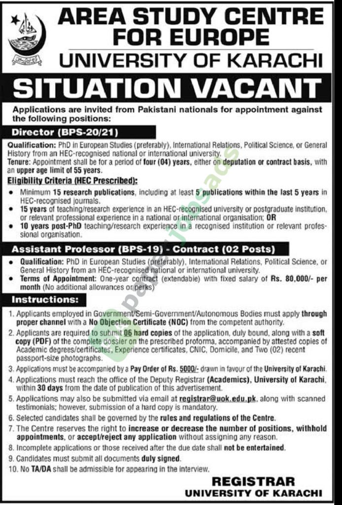 Director (BPS-20/21) / Assistant Professor (BPS-19) - University of Karachi