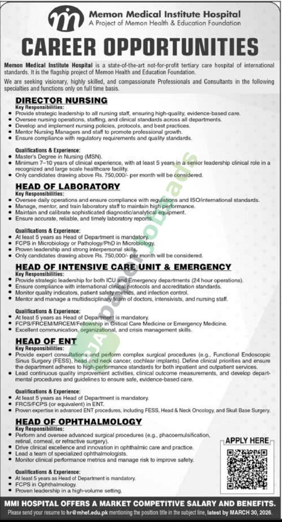 Director Nursing / Head of Laboratory - Memon Medical Institute Hospital