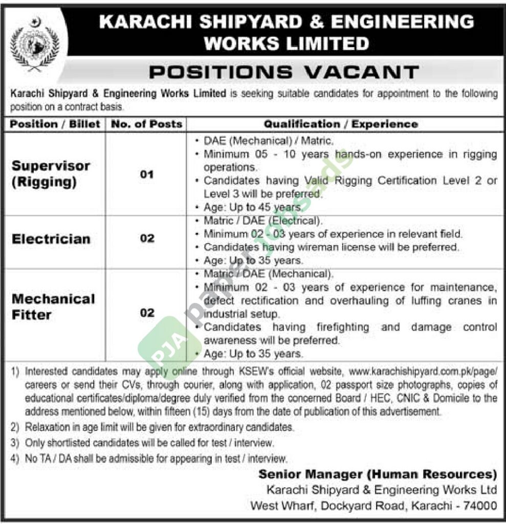 Supervisor / Electrician / Mechanical Fitter - Karachi Shipyard & Engineering Works Limited