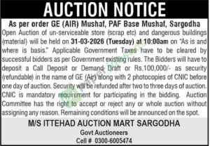 Auction of un-serviceable store and material - Paksitan Air Force (PAF)
