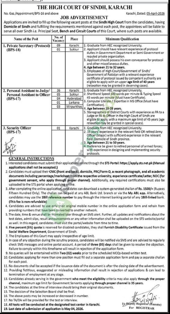 Private Secretary (Protocol) / Personal Assistant / Security Officer - THE HIGH COURT OF SINDH