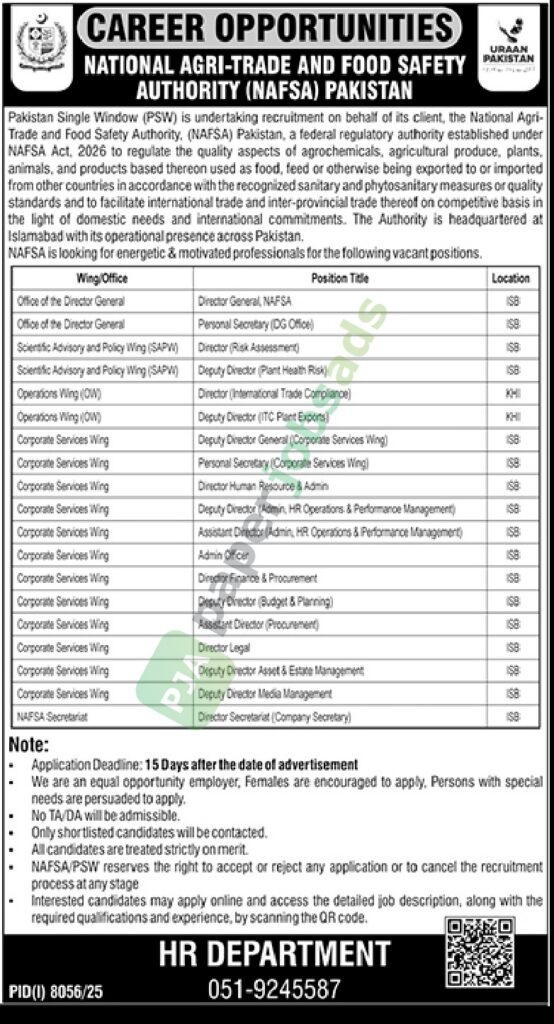 Director / Secretary / Deputy Director - National Agri-trade and Food Safety Authority (NAFSA) PAKISTAN