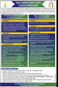 Head Building & Works Department / Officer - Assets & Logistics - ZARAI TARAQIATI BANK LIMITED