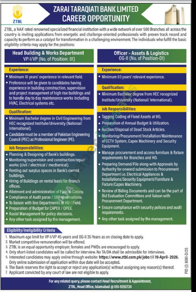 Head Building & Works Department / Officer - Assets & Logistics - ZARAI TARAQIATI BANK LIMITED