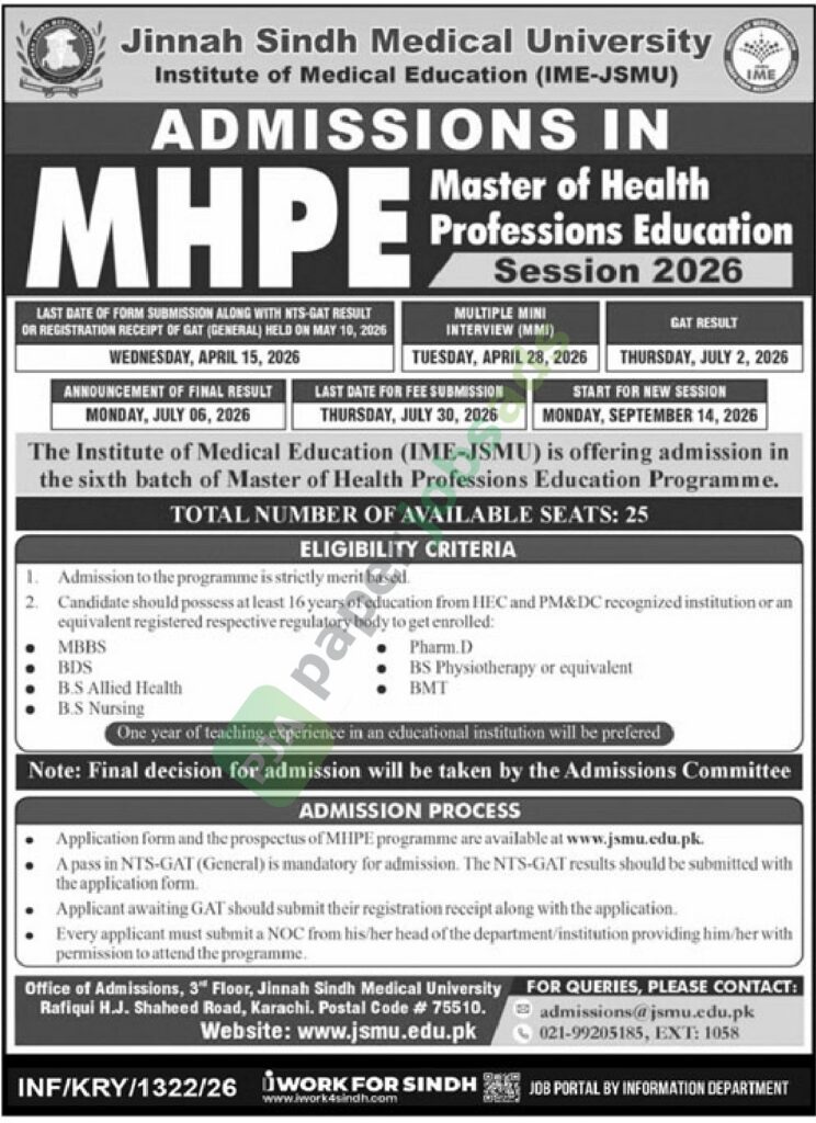 Master of Health Professions Education (MHPE) - Session 2026 - Undergraduate - Jinnah Sindh Medical University