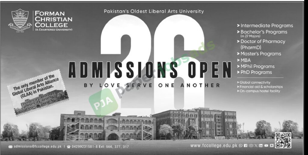 Intermediate / Bachelors / ParmD / Masters / MPhil / PhD programs - Forman Christian College